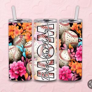 NWOT Girly Baseball Mom Printed Tumbler Sz 20 oz Orange, Pink, Yellow, Blue